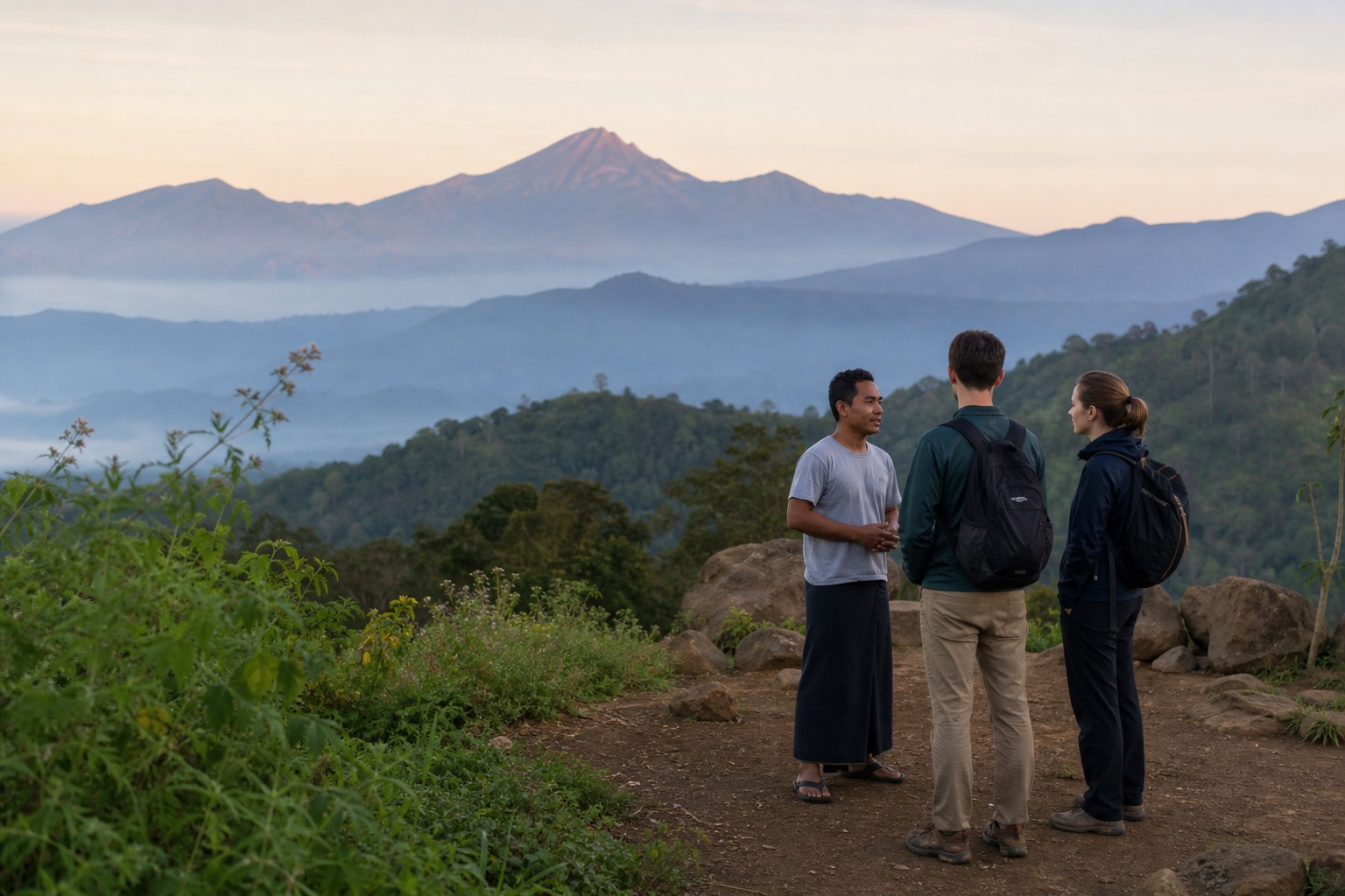 Guide local échangeant avec deux voyageurs face au mont Rinjani