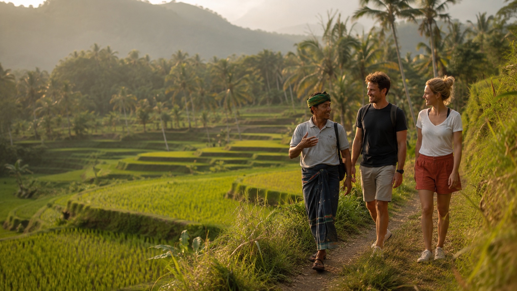 Guide local marchant avec deux voyageurs dans les rizières de Lombok