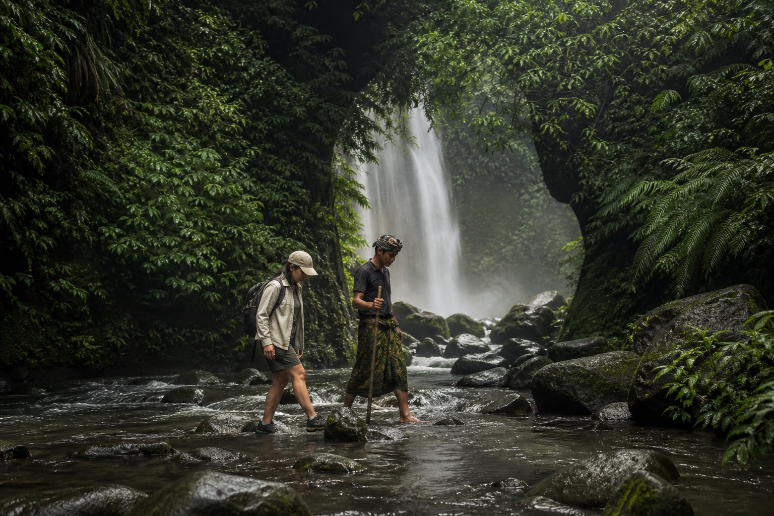Guide accompagnant une voyageuse sur un passage humide près d’une cascade de Lombok
